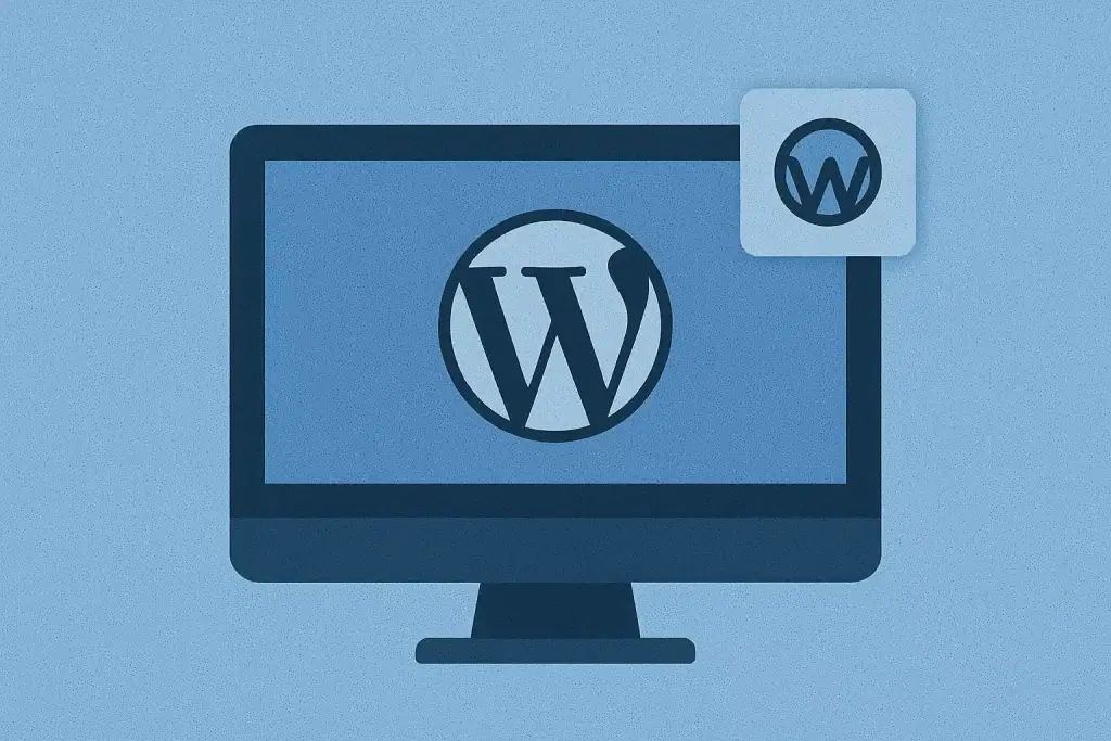 Logo WordPress na ekranie komputera, ikona platformy do tworzenia stron internetowych.