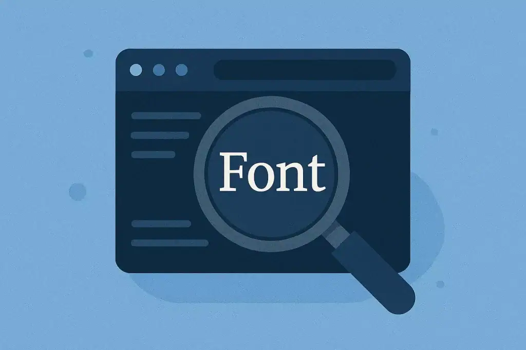 Stylizowany ekran komputera z lupą i napisem "Font" na niebieskim tle.