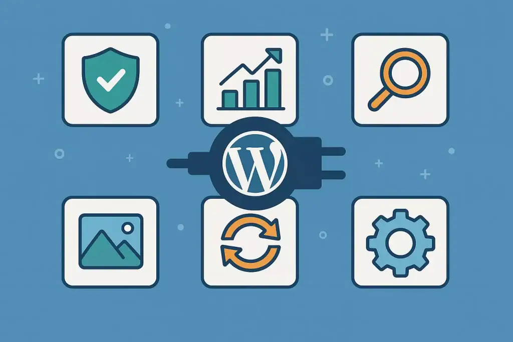 Znak WordPress z ikonami zarządzania, analizy, bezpieczeństwa i aktualizacji na niebieskim tle.