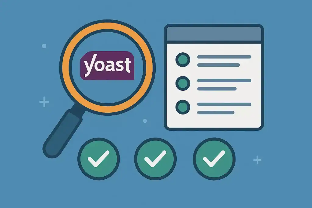 Żądanie to afiliacja z logo Yoast i listą kontrolną na niebieskim tle.