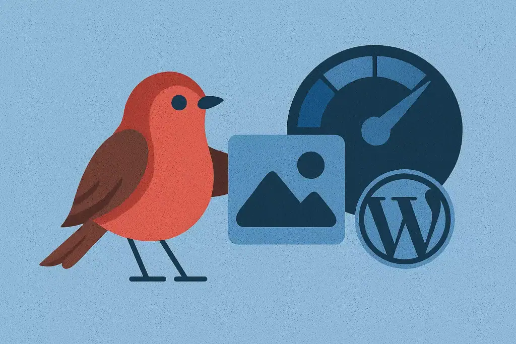 Ptaszek obok symboli związanych z WordPress i technologią cyfrową, na niebieskim tle.