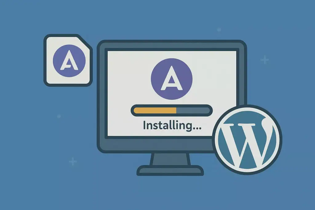 Aplikacja WordPress instalująca się na ekranie komputera.