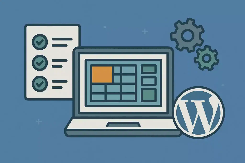 Tablica kontrolna i komputer z logo WordPress, ikony ustawień i checklisty.