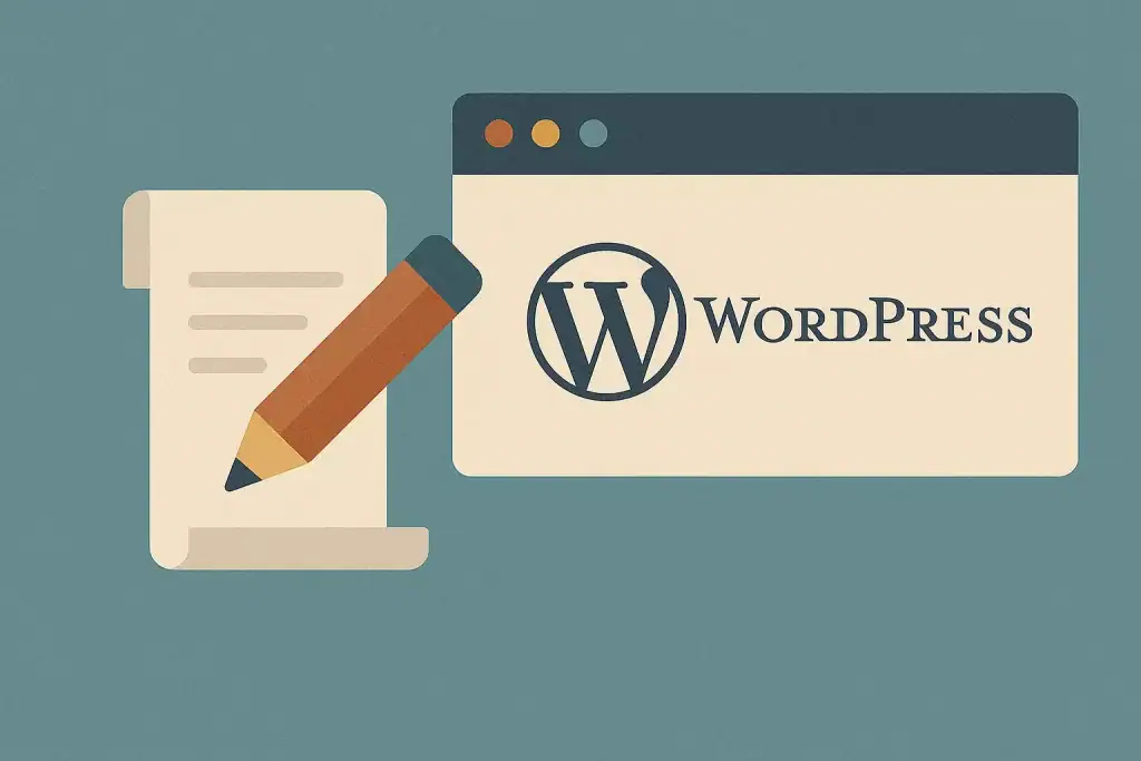 1. Ikona WordPress z piórem i dokumentem, ilustracja do tworzenia stron internetowych.