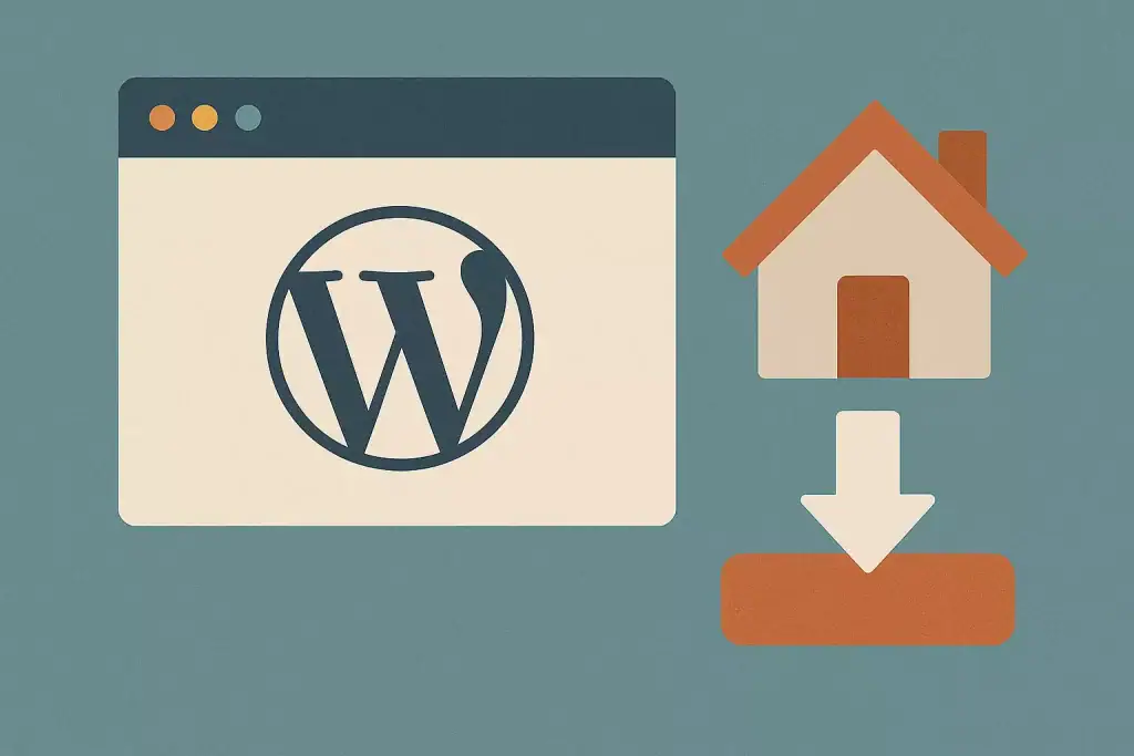 WordPress logo na ekranie komputera, ikona domu z strzałką w dół, na tle niebieskiego koloru.