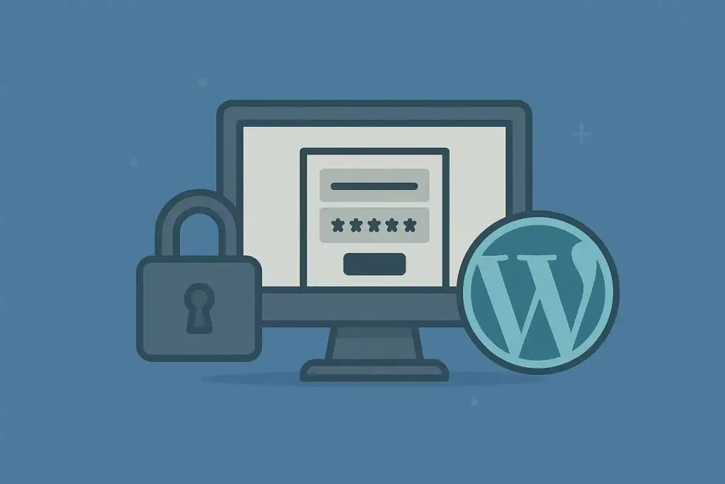 Zabezpieczone logowanie do WordPress na ekranie komputera, ikona kłódki i logo WordPress.