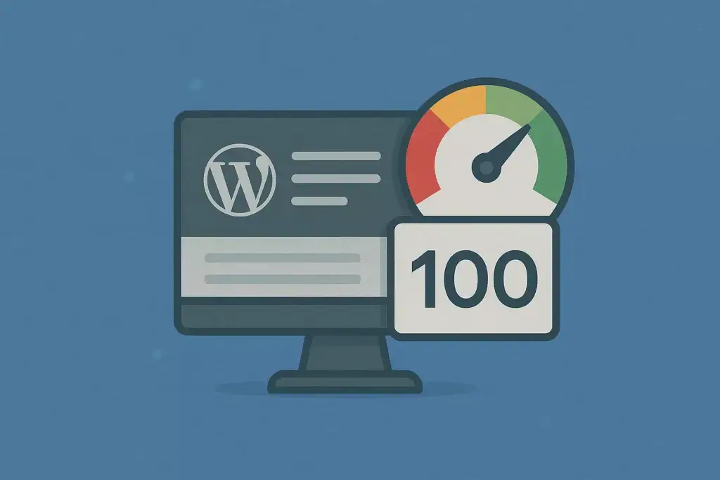 Szybkość ładowania strony WordPress, wynik 100, na monitorze z wykresami i oznaczeniem zoptymalizowanej wydajności.