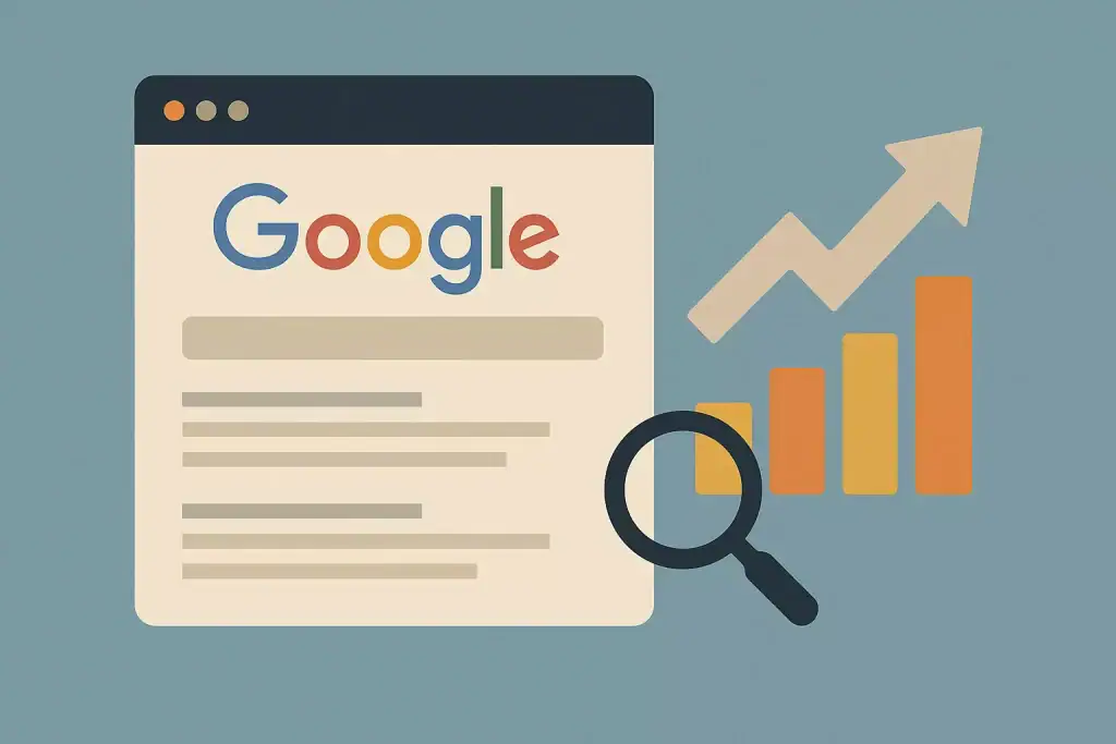 Wyszukiwarka Google z wykresami i lupą, analiza danych i wzrostu online.