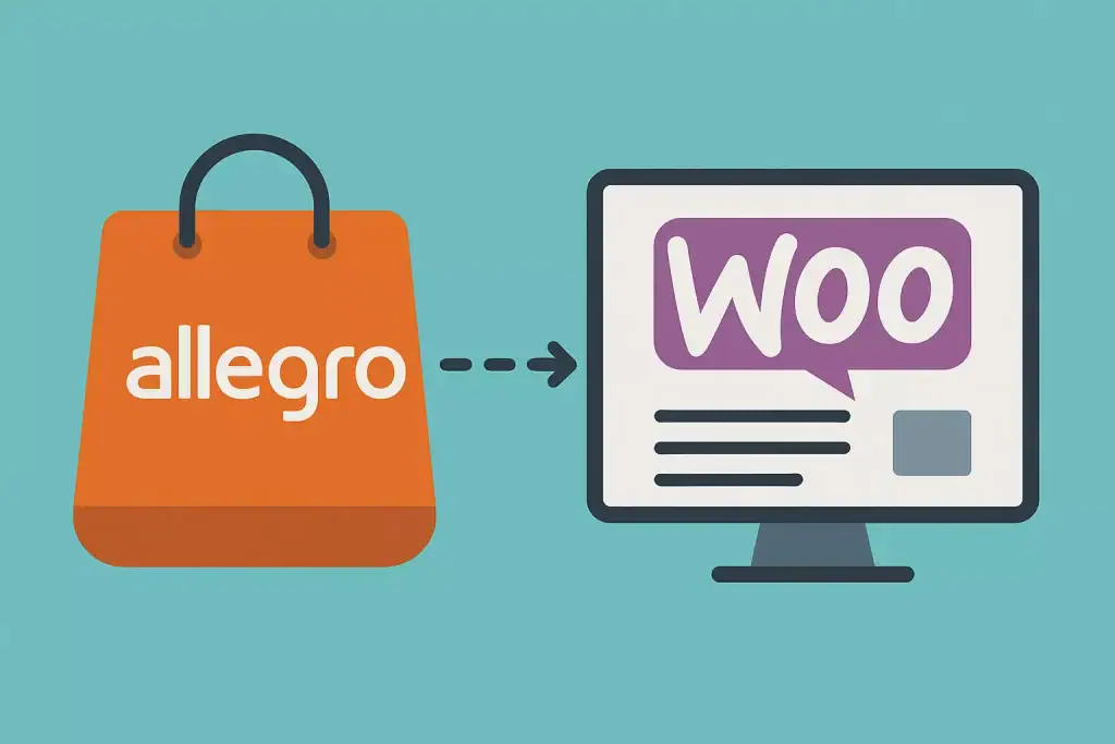 Allegro na ekranie komputera z ikoną WooCommerce, e-commerce i sprzedaż online.
