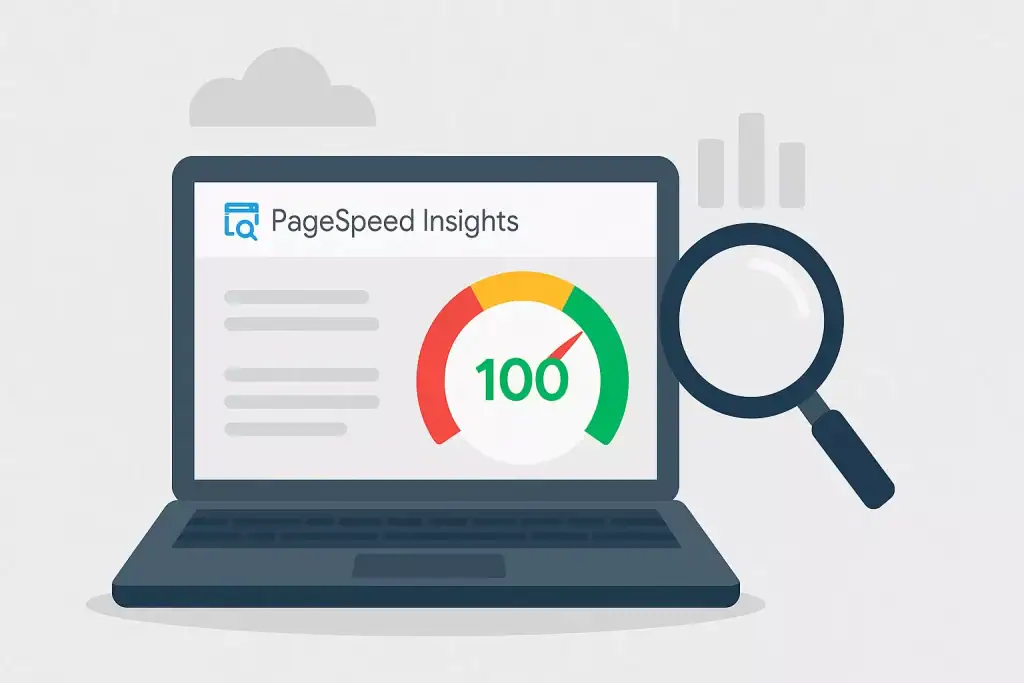 Szeroka grafika ukazuje ekran laptopa z wynikiem PageSpeed Insights 100, obok lupa i wykresy, symbolizujące optymalizację strony internetowej.