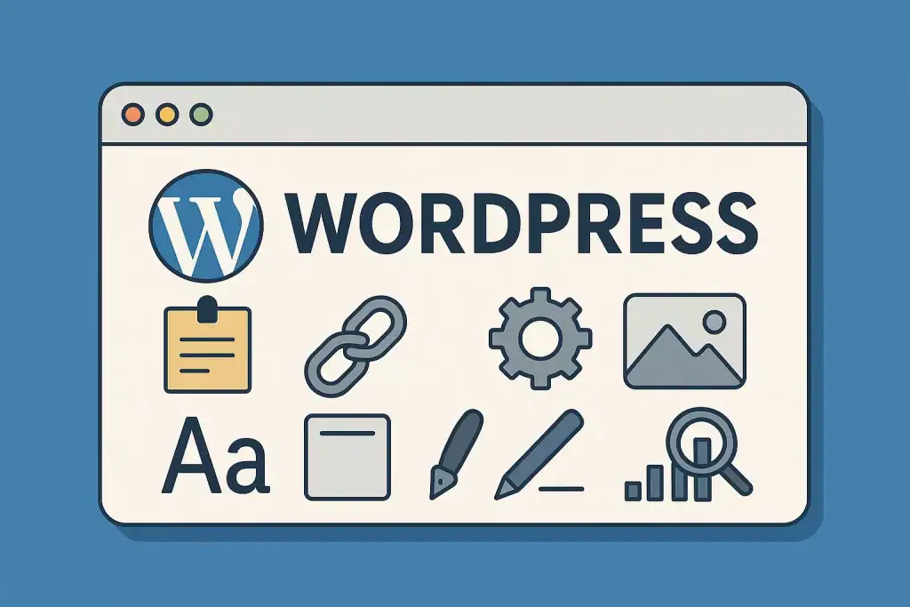 Wtyczka WordPress na ekranie komputera, ikony funkcji i ustawień.
