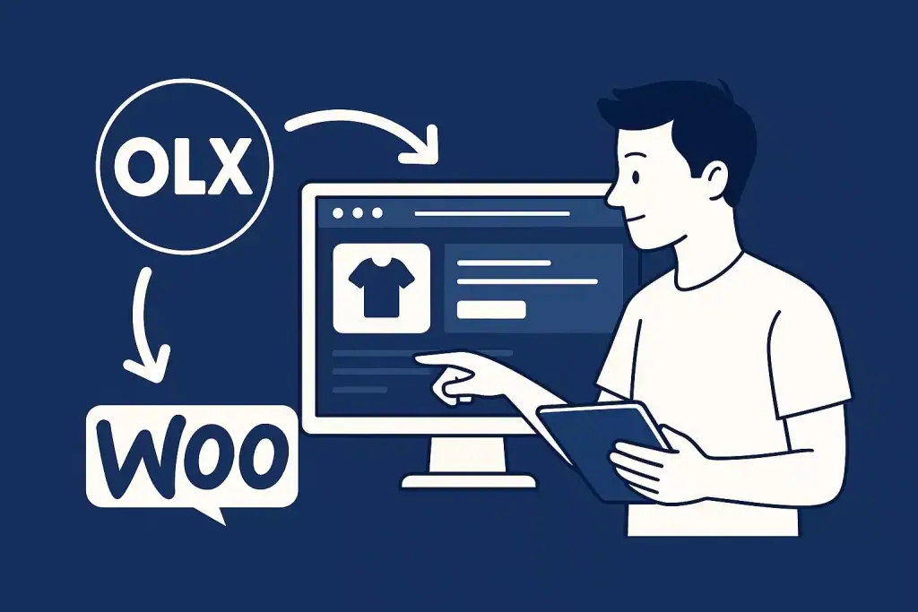 OLX i WooCommerce na ekranie komputera, młody mężczyzna korzysta z tabletu i pokazuje produkty.