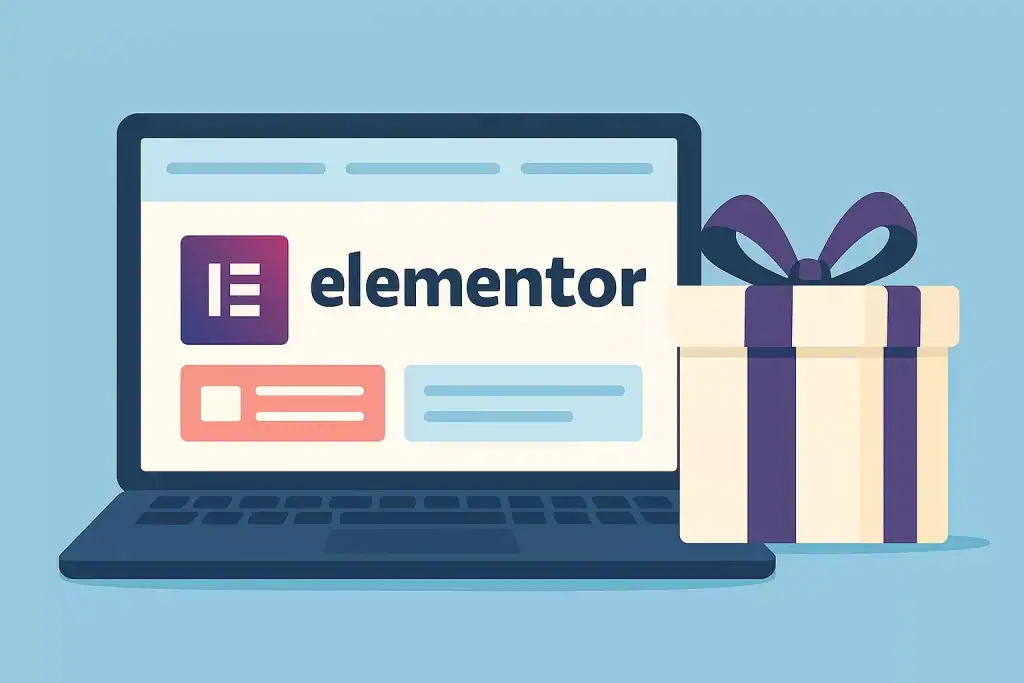 Projekt strony internetowej na ekranie laptopa z logiem Elementor.