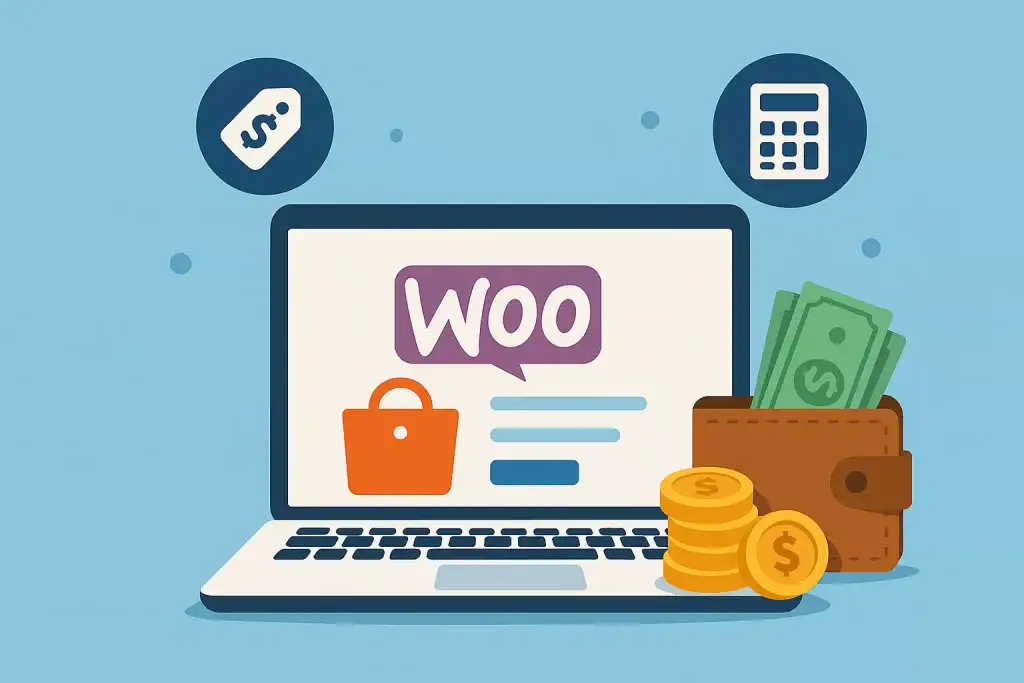Oprogramowanie WooCommerce na komputerze z ikonami płatności i pieniędzy w tle.