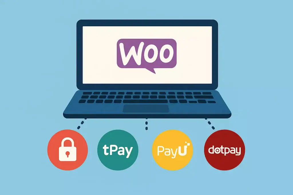 WooCommerce na ekranie laptopa, obsługa płatności online i integracja z popularnymi metodami.