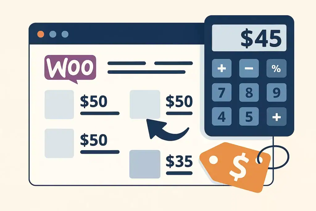 Kolorowe ilustracja strony internetowej z obsługą WooCommerce i kalkulatorem.