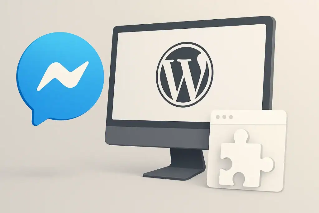 Messenger i logo WordPress na komputerze, puzzle symbolizujące integrację, technologia i tworzenie stron internetowych.