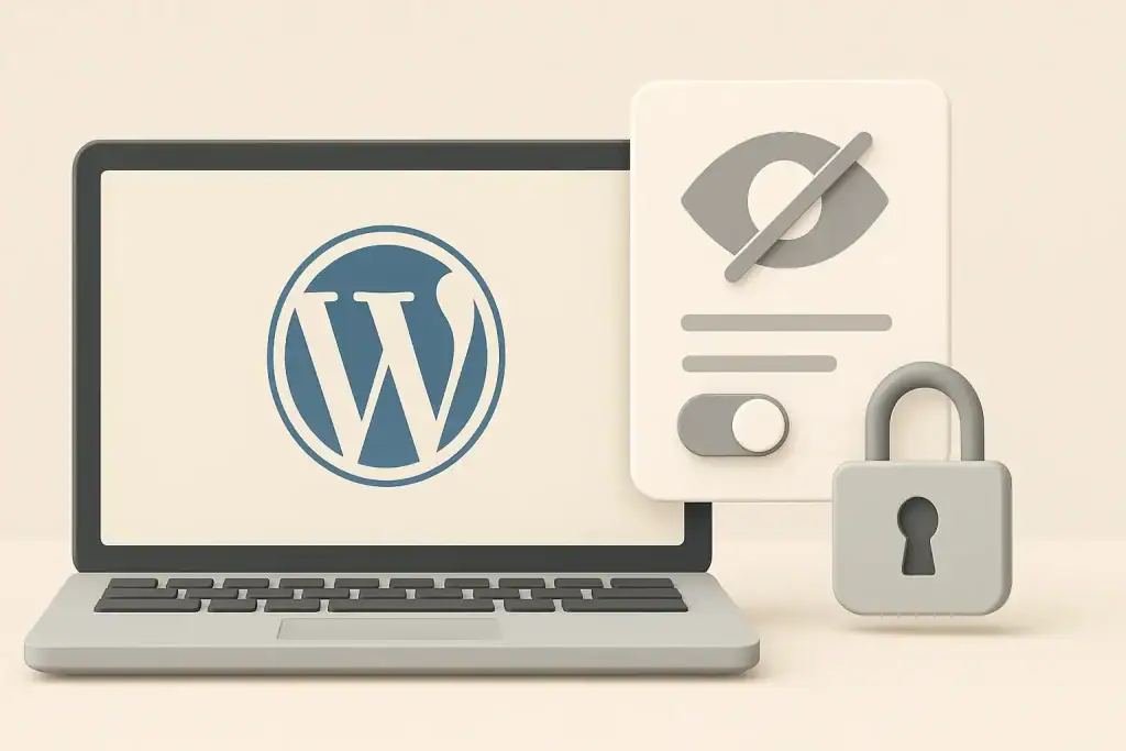 1. Ikona WordPress na ekranie laptopa z zamkniętą regulacją prywatności.