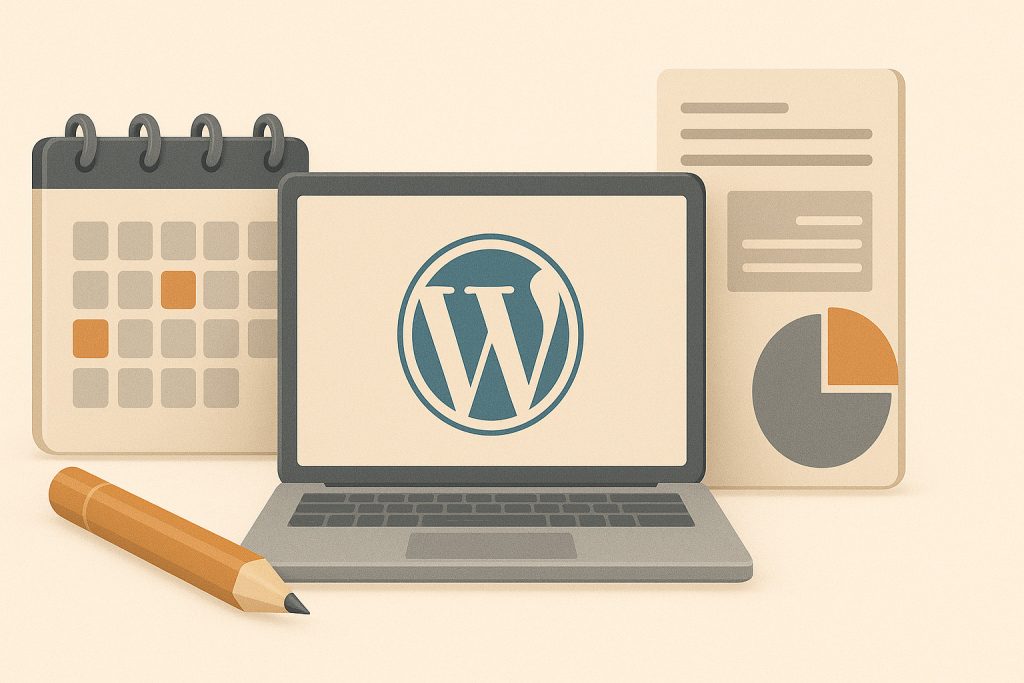 Wirtualne biuro WordPress na ekranie komputera, z kalendarzem i wykresami.