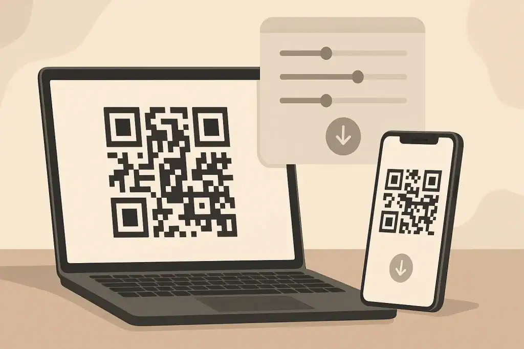 Kod QR na ekranie laptopa i smartfona, obok ustawienia do pobrania.