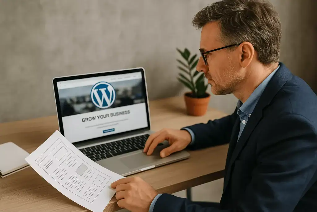 1. Mężczyzna pracujący przy biurku z laptopem wyświetlającym logo WordPress.