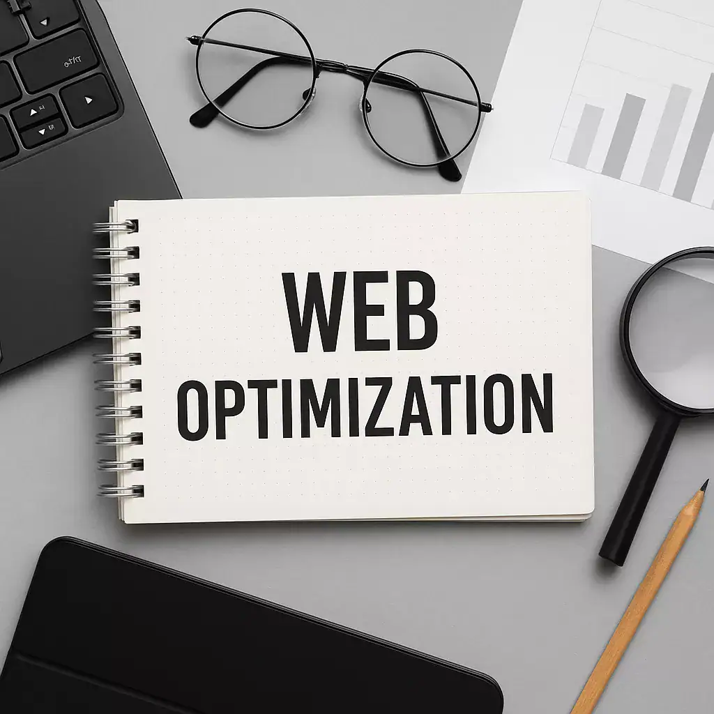 Optyczne narzędzia na biurku, ukierunkowane na optymalizację stron internetowych.