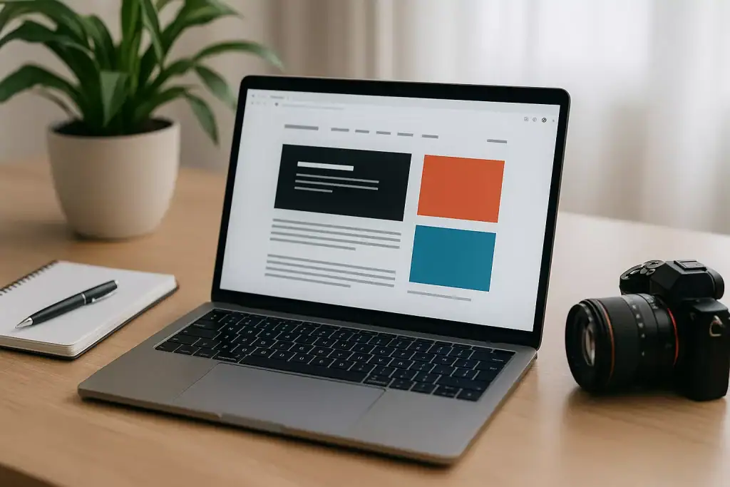 Ekran laptopa z wyświetlanymi stronami internetowymi, obok notatnik i aparat fotograficzny.