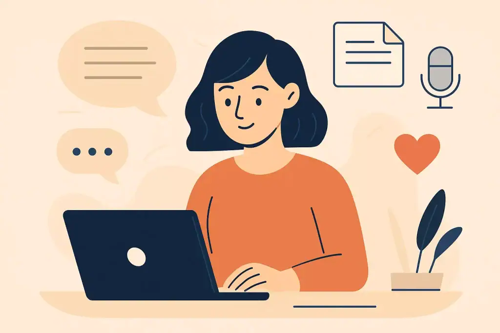 Osoba pracująca przy komputerze, ikony rozmowy, mikrofon, pismo i serce w tle.