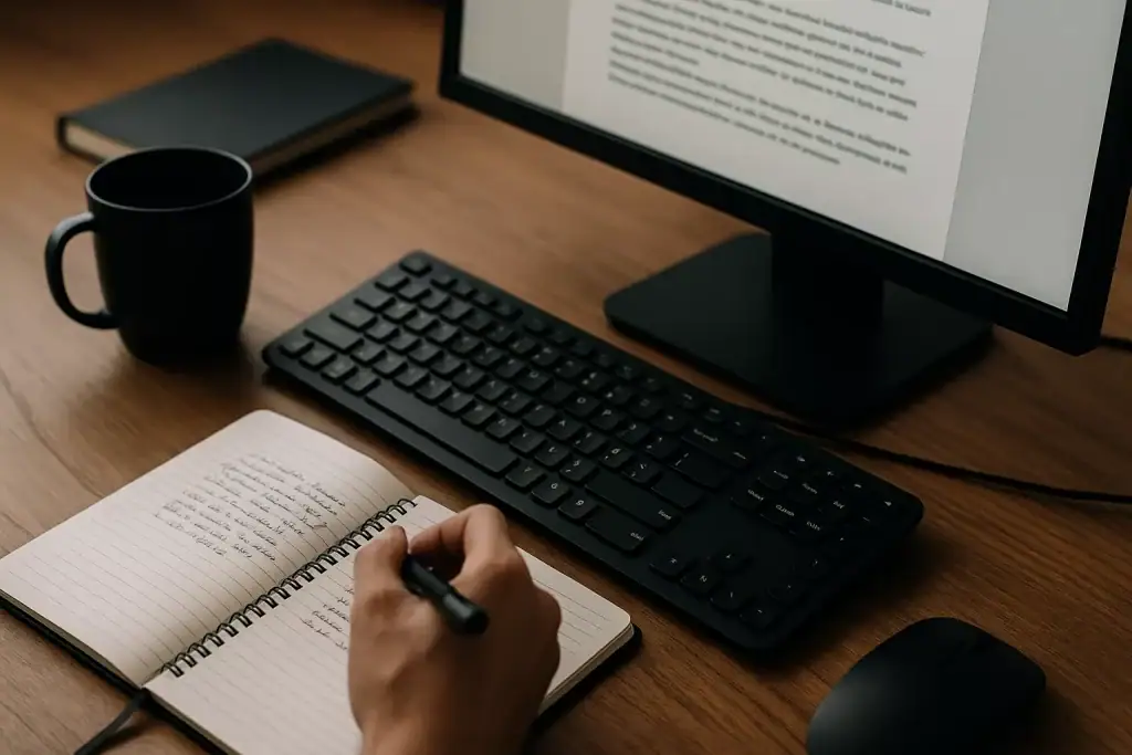 Klawiatura i ekran komputera na biurku z notatnikiem i kawą.