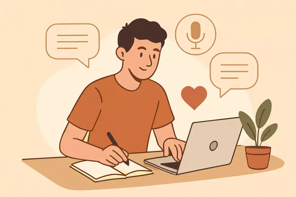Opracowany minimalistyczny rysunek młodego mężczyzny piszącego w notatniku i rozmawiającego online na laptopie z serduszem i mikrofonem.