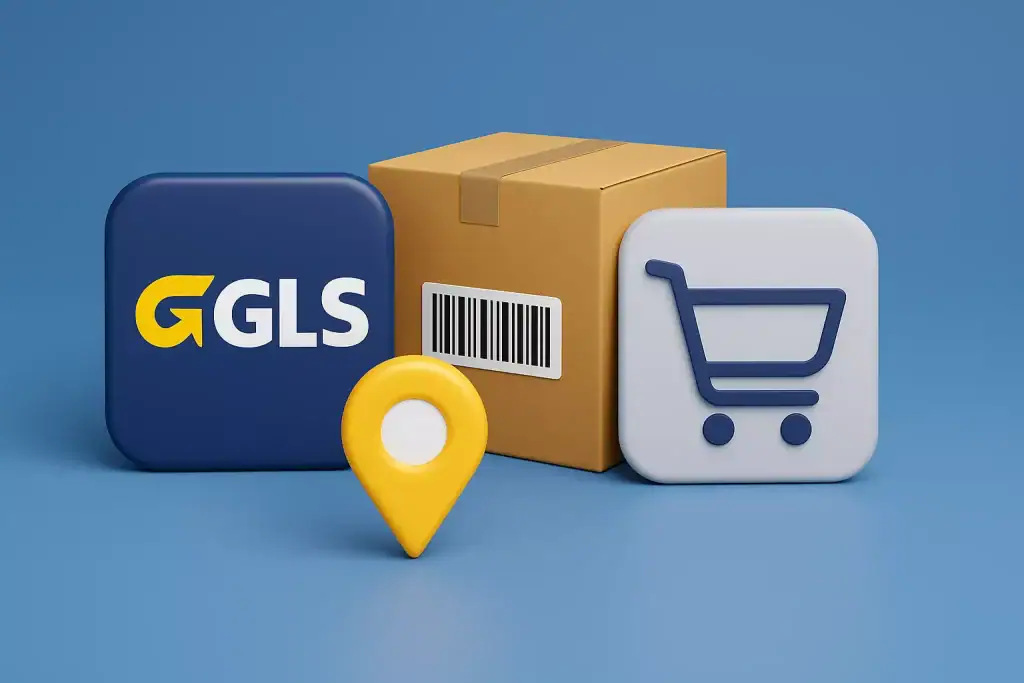 GLS, ikonki zamówienia i lokalizacji na tle niebieskim.