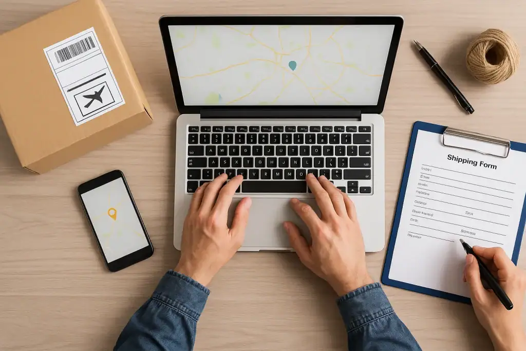 Przesyłka, laptop z mapą, formularz wysyłkowy, telefon z mapą, sznur i pisak na biurku.