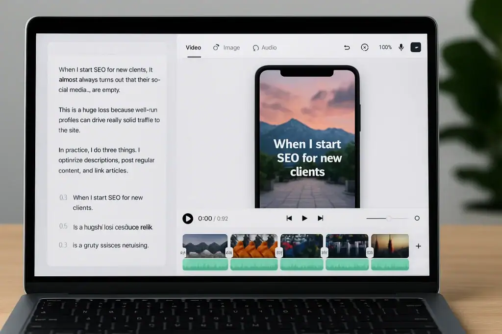 Animacja ekranu laptopa z edytorem wideo i telefonem z napisem "When I start SEO for new clients".