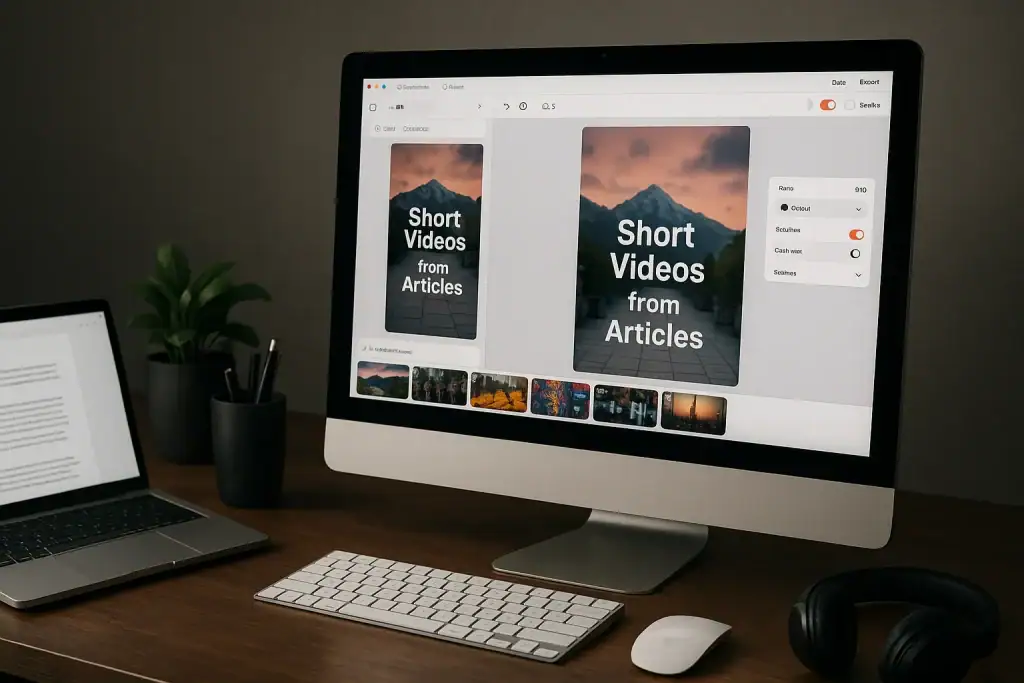 Zdjęcie przedstawia komputer na biurku z kreatywnym oprogramowaniem do tworzenia mini-filmów.