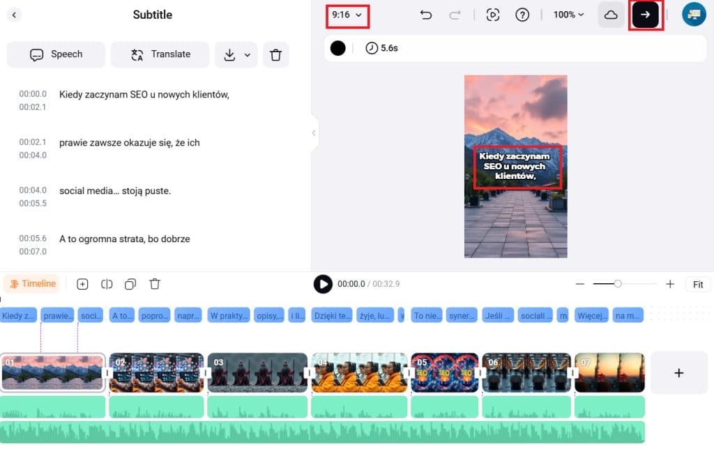 Widok na zachód słońca nad górami z napisami o SEO.