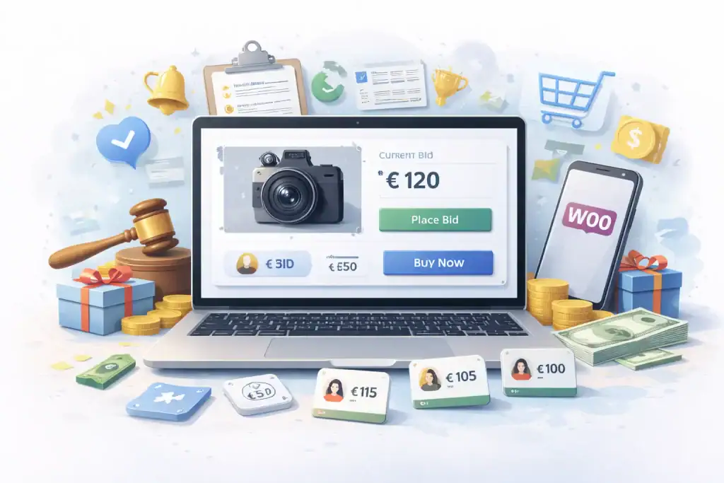 Opis alternatywny: Zrzut ekranu przedstawia panel zarządzania aukcjami i cenami na stronie e-commerce z elementami marketingu online.