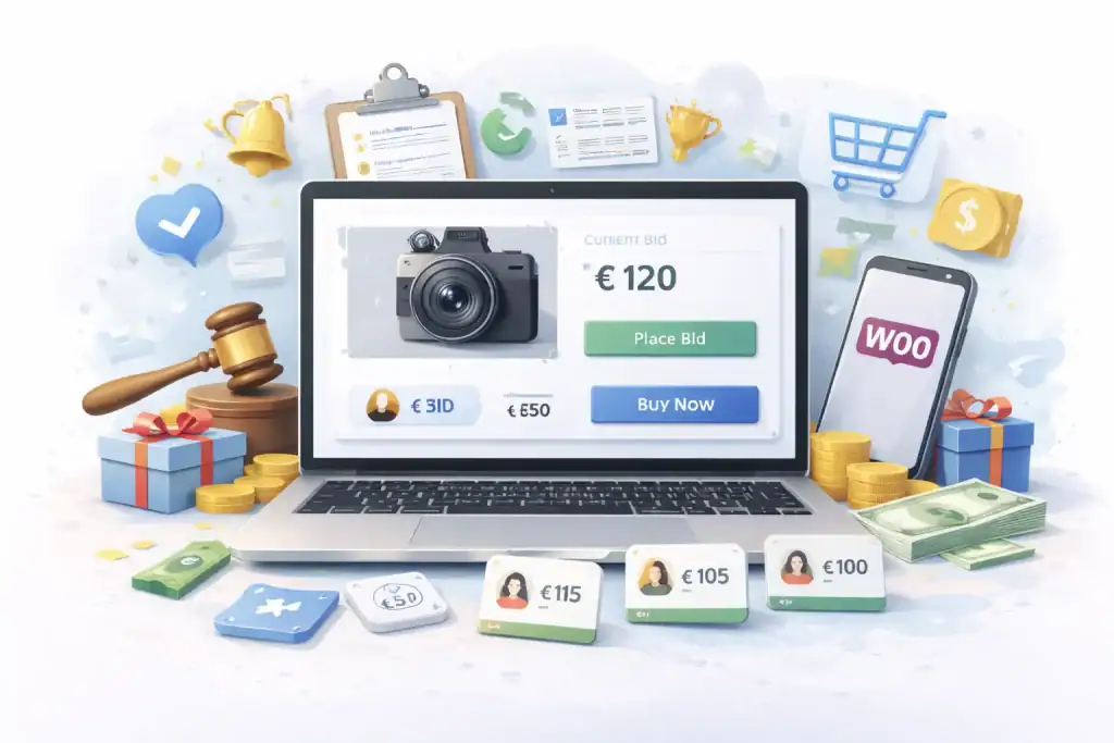 Obraz przedstawia komputer z ofertą aukcji online, wokół instrumenty do zamówień, zarządzania i marketingu.