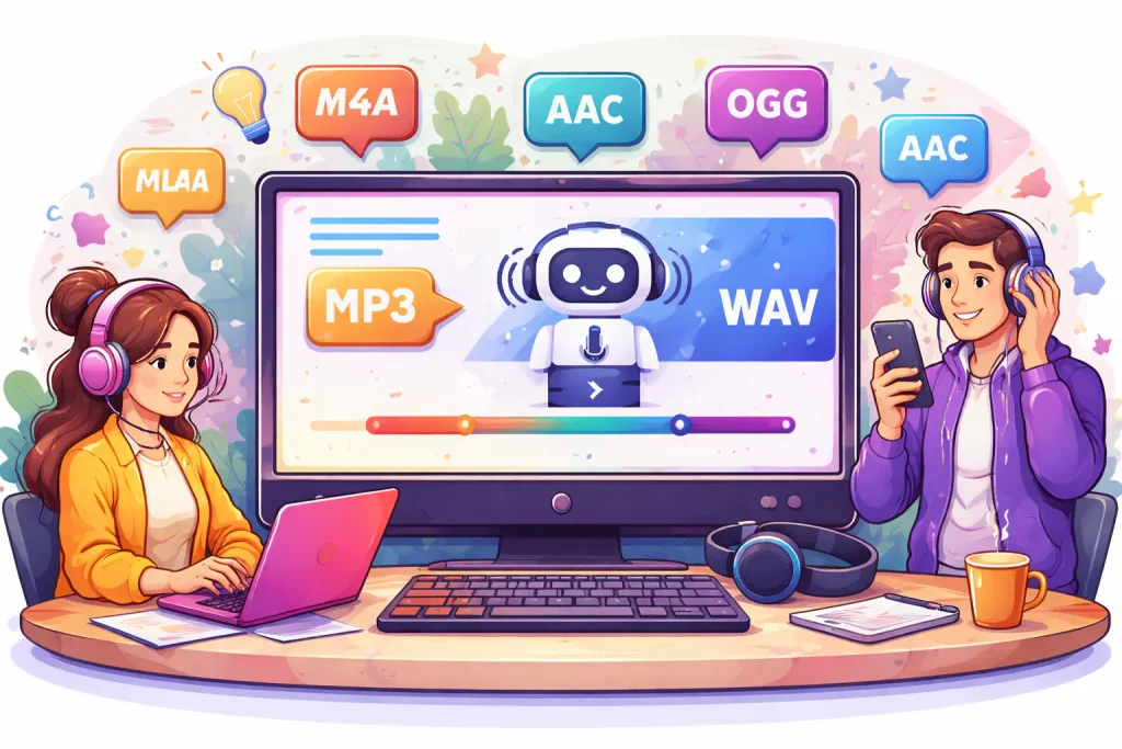 Ilustracja dwóch osób pracujących przy komputerze z ikonami formatów audio i wideo nad ekranem.