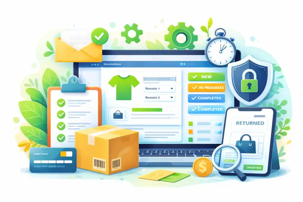 Szczegółowy opis: Obrazek ilustruje proces budowania i zarządzania sklepem internetowym WooCommerce na platformie WordPress. Zawiera elementy takie jak UI, wykresy analiz, wizualizacje marketingowe oraz ikony bezpieczeństwa i przesyłek.