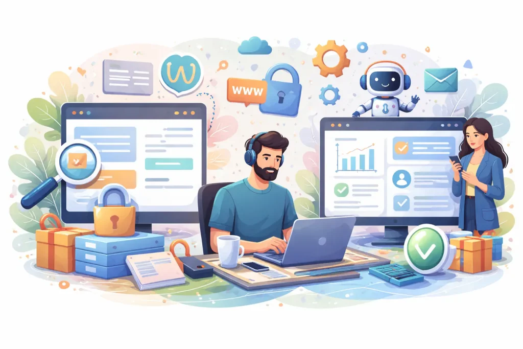 Illustration of two people working on WordPress website setup with laptops, charts, and security icons.