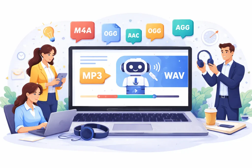 Illustration of people working with audio file formats on a laptop, including MP3, WAV, AAC, OGG, M4A, and APE.