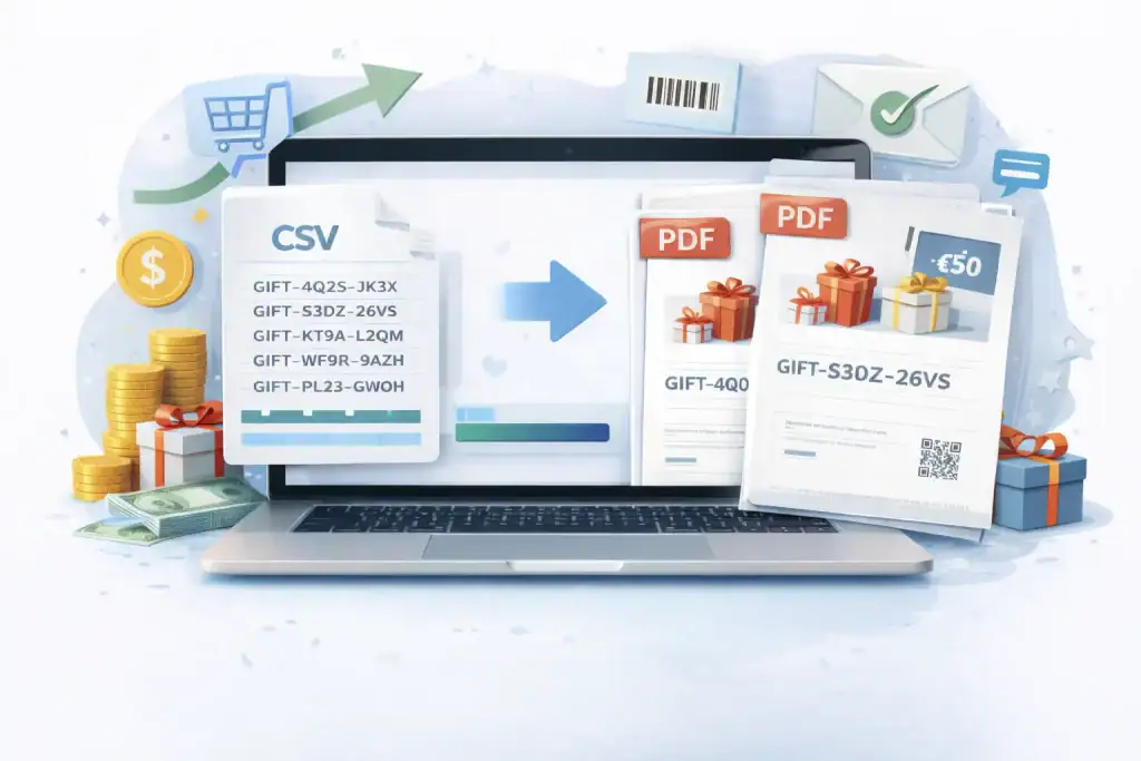 Grafika przedstawia zestaw plików CSV i PDF z prezentacją danych o produktach i kuponach w sklepie WooCommerce, popularne w e-commerce.