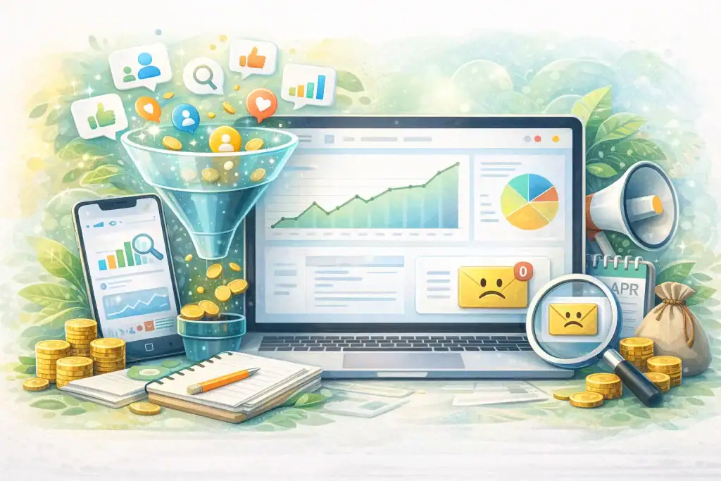 Alt: Dashboard z analityką WordPress, WooCommerce i reklamami Meta, pokazujący wykresy i statystyki.