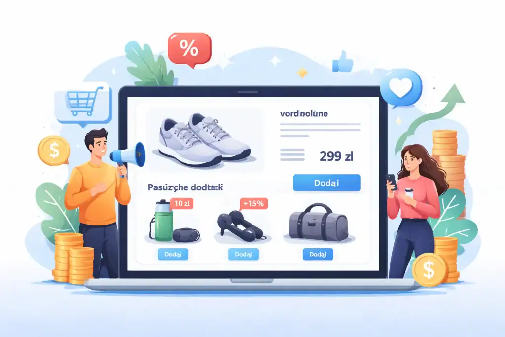 Ekran z platformą sprzedażową WooCommerce z produktami i statystykami, promocyjnymi etykietami i przyciskami akcji.