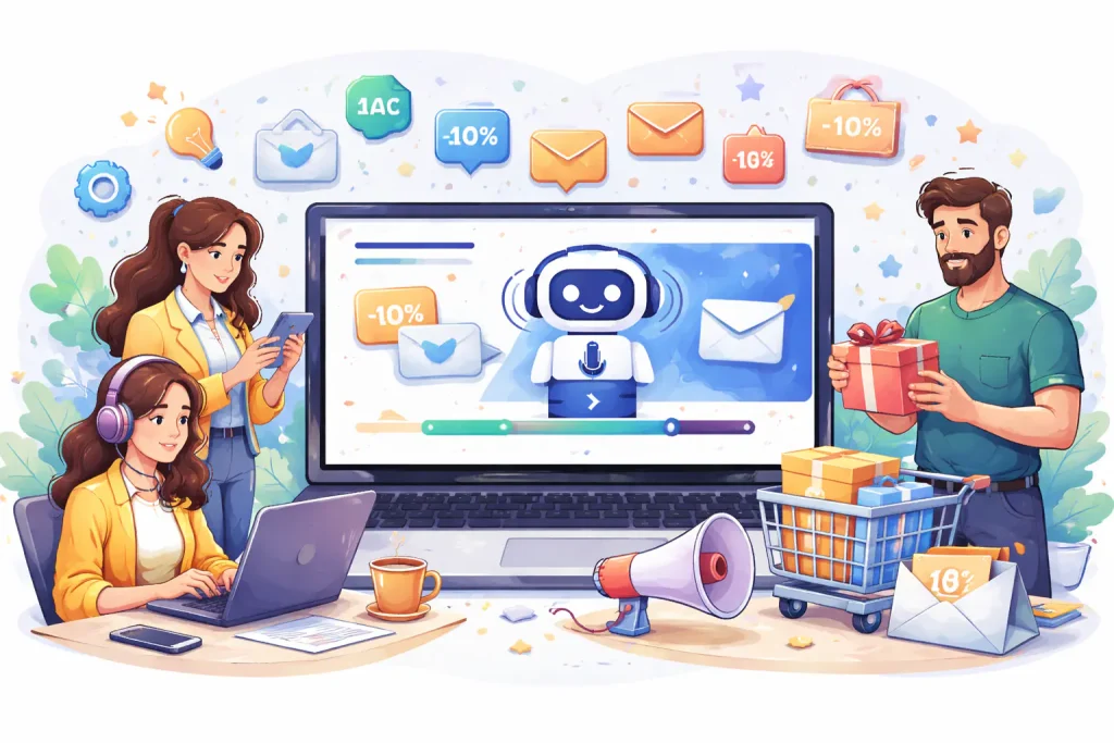 Illustration of a chatbot assisting users with email and notifications on a computer screen, surrounded by people and shoppin.