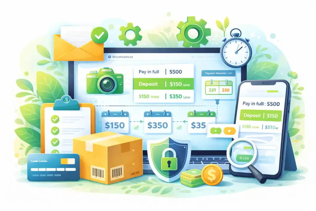 Opis obrazka przedstawia ekran komputera i smartfona z panelami zakupów WooCommerce, statystykami i narzędziami marketingowymi.