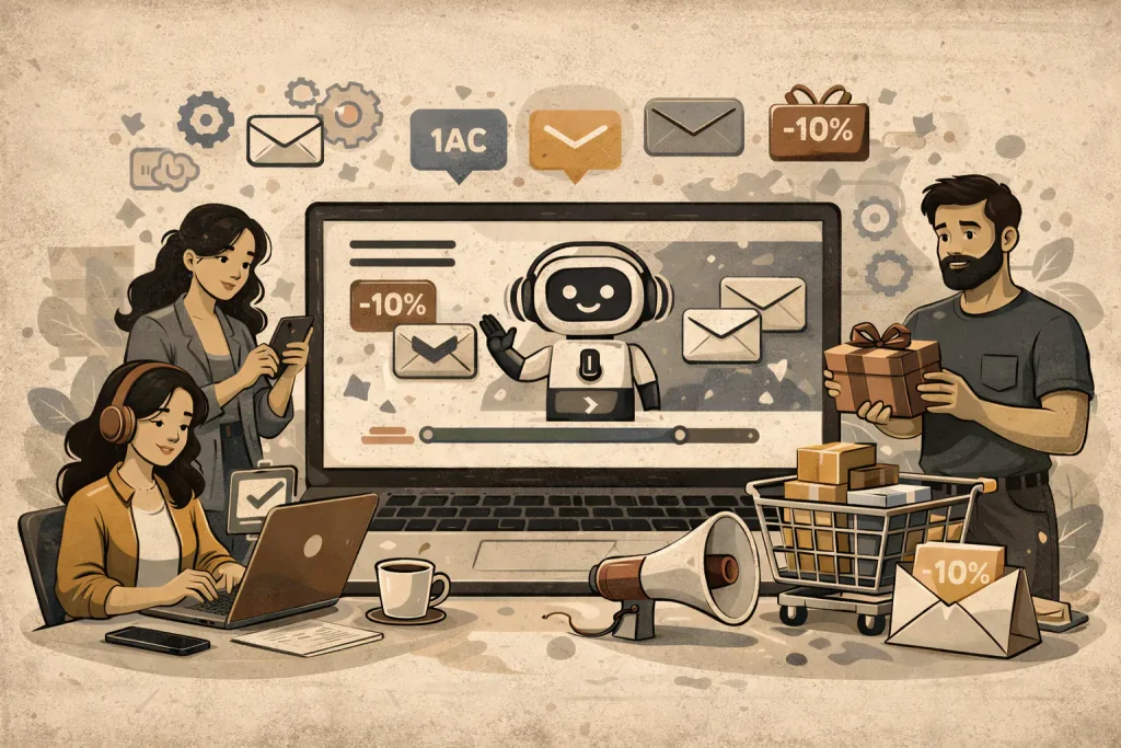 Illustration of a chatbot on a computer screen with people managing emails and notifications around it.