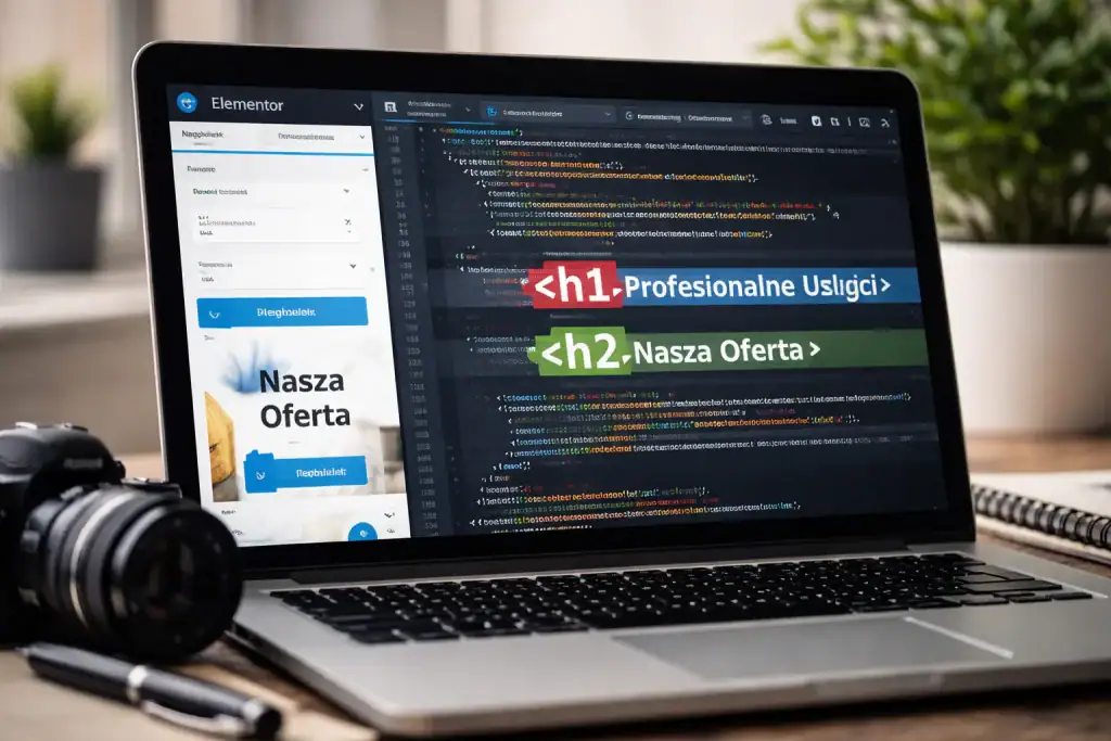 Zrzut ekranu edytora kodu WordPress z podświetlonymi nagłówkami H1 i H2.