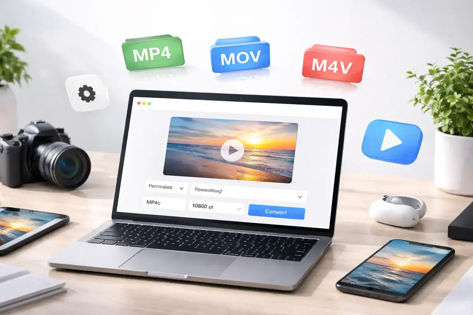 Laptop z odtwarzaczem wideo i ikonami formatów MP4, MOV, M4V nad biurkiem z kamerą i smartfonem.