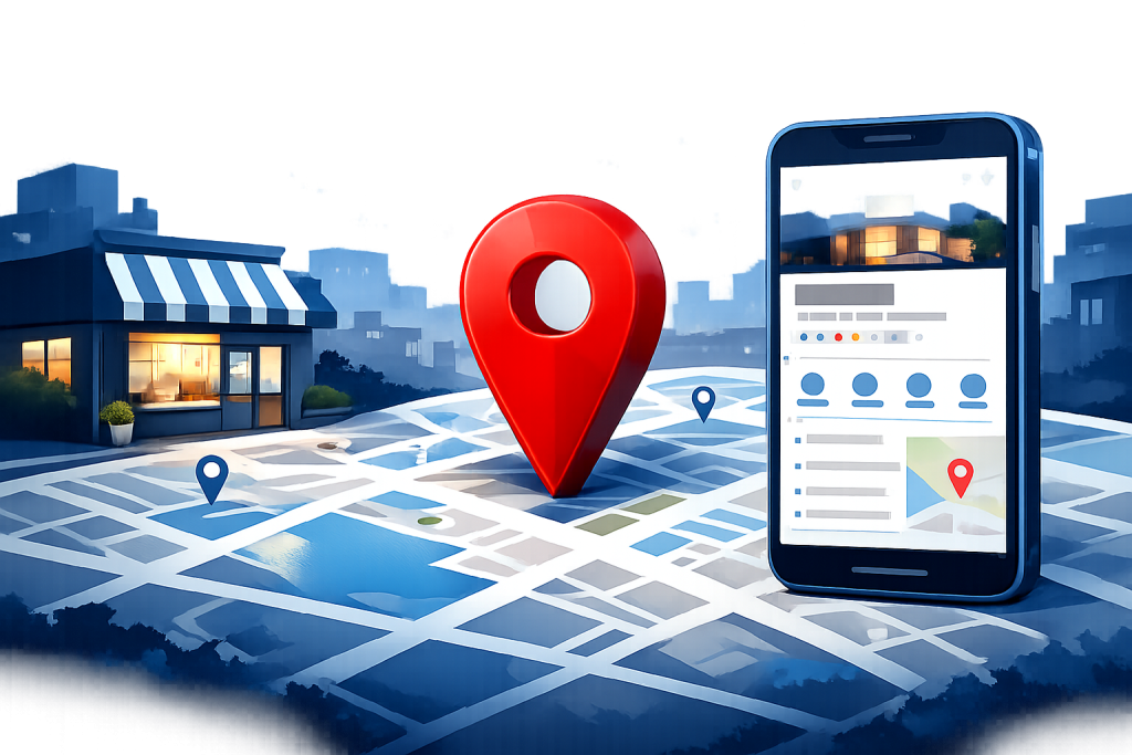 Abstrakcyjna mapa lokalna z pinezką firmy i elementami widoczności w Google Maps